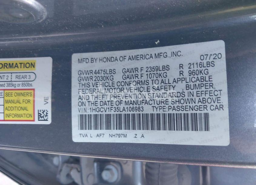 Photo 9 of 2020 Honda Accord SPORT (VIN 1HGCV1F35LA106983)