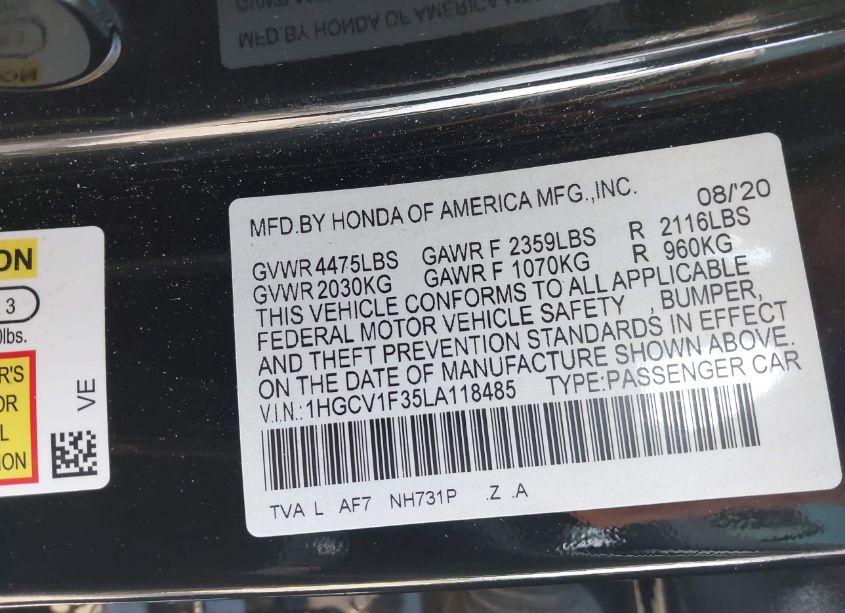 Photo 9 of 2020 Honda Accord SPORT (VIN 1HGCV1F35LA118485)