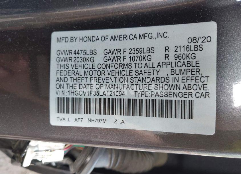 Photo 9 of 2020 Honda Accord SPORT (VIN 1HGCV1F35LA121094)