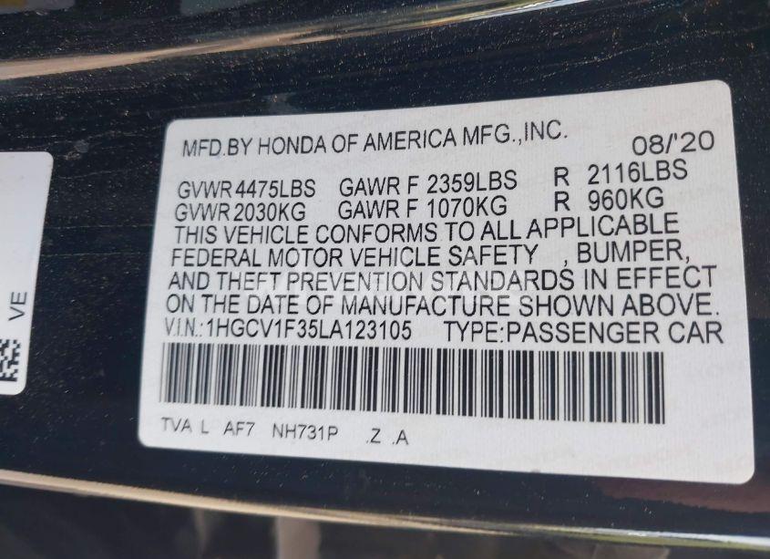 Photo 9 of 2020 Honda Accord SPORT (VIN 1HGCV1F35LA123105)