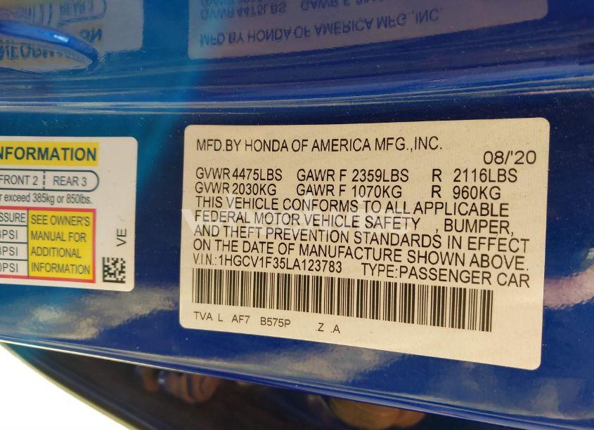 Photo 9 of 2020 Honda Accord SPORT (VIN 1HGCV1F35LA123783)