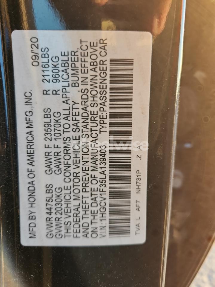 Photo 12 of 2020 HONDA ACCORD SPORT (VIN 1HGCV1F35LA139403)