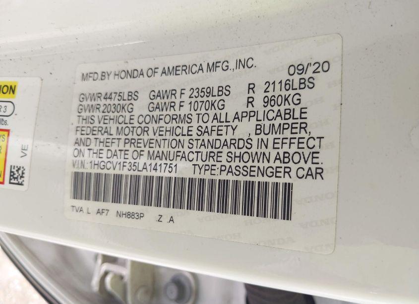 Photo 9 of 2020 Honda Accord SPORT (VIN 1HGCV1F35LA141751)