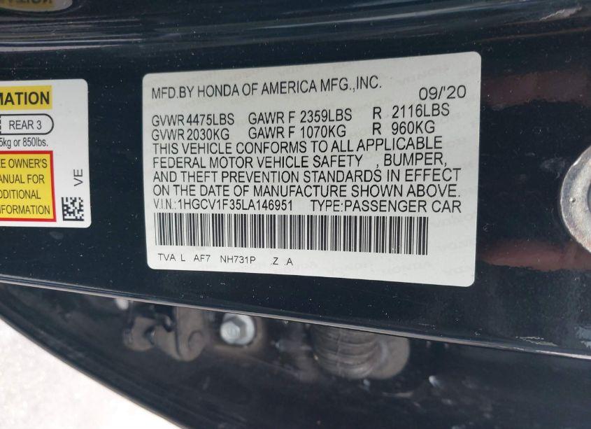 Photo 9 of 2020 Honda Accord SPORT (VIN 1HGCV1F35LA146951)