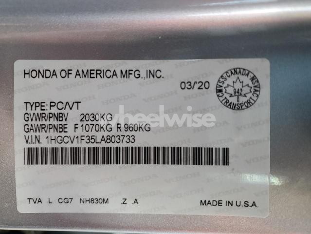 Photo 6 of 2020 HONDA ACCORD SPORT (VIN 1HGCV1F35LA803733)