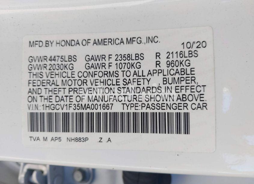 Photo 9 of 2021 Honda Accord SPORT (VIN 1HGCV1F35MA001667)