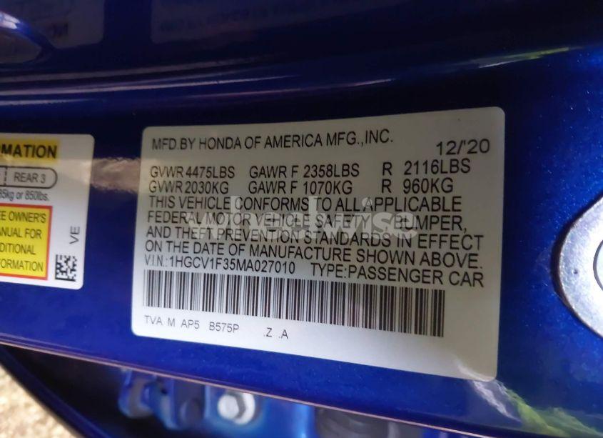 Photo 9 of 2021 Honda Accord SPORT (VIN 1HGCV1F35MA027010)