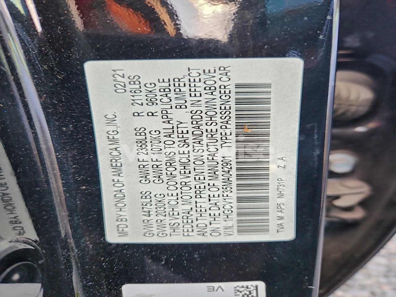 Photo 12 of 2021 HONDA ACCORD SPORT (VIN 1HGCV1F35MA042901)