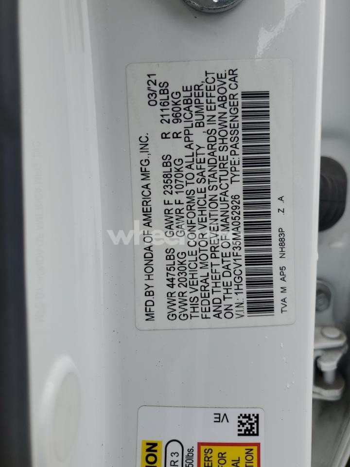 Photo 12 of 2021 HONDA ACCORD SPORT (VIN 1HGCV1F35MA052926)