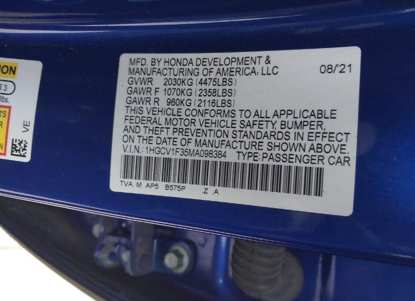 Photo 9 of 2021 Honda Accord SPORT (VIN 1HGCV1F35MA098384)