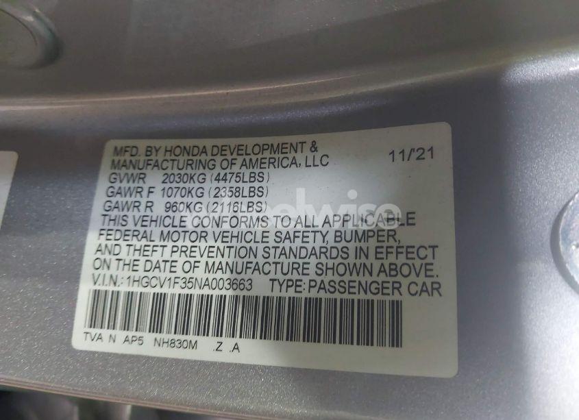 Photo 9 of 2022 Honda Accord SPORT (VIN 1HGCV1F35NA003663)