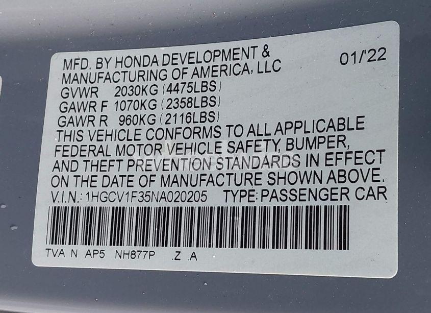 Photo 9 of 2022 Honda Accord SPORT (VIN 1HGCV1F35NA020205)
