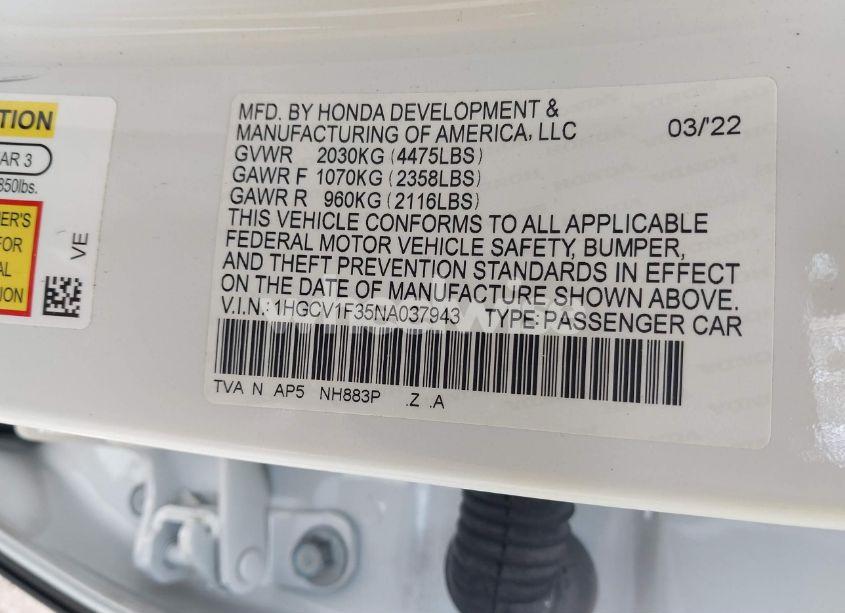Photo 9 of 2022 Honda Accord SPORT (VIN 1HGCV1F35NA037943)