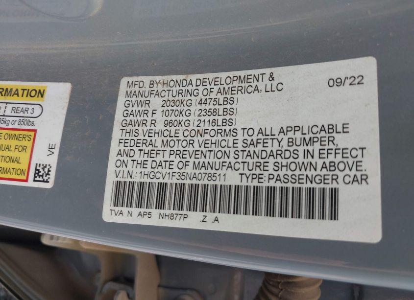 Photo 9 of 2022 Honda Accord SPORT (VIN 1HGCV1F35NA078511)