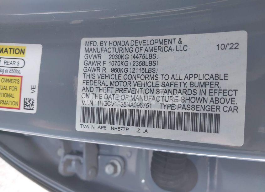 Photo 9 of 2022 Honda Accord SPORT (VIN 1HGCV1F35NA096751)