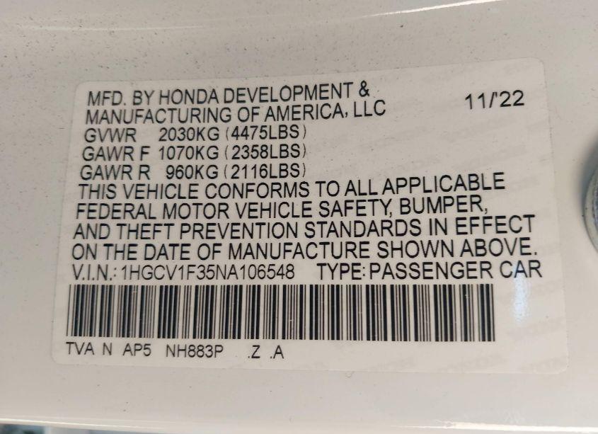 Photo 9 of 2022 Honda Accord SPORT (VIN 1HGCV1F35NA106548)