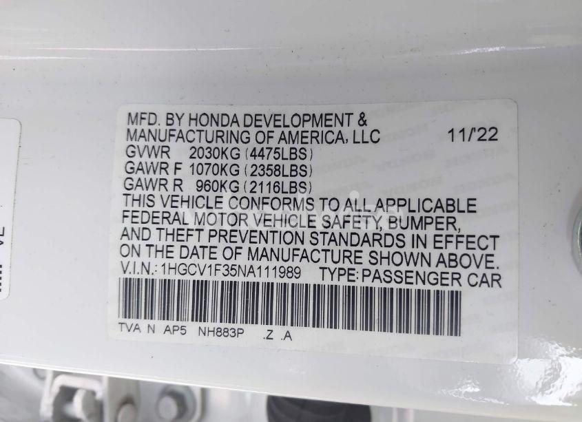 Photo 9 of 2022 Honda Accord SPORT (VIN 1HGCV1F35NA111989)