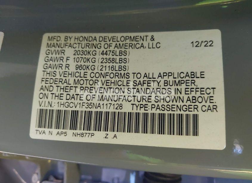 Photo 9 of 2022 Honda Accord SPORT (VIN 1HGCV1F35NA117128)