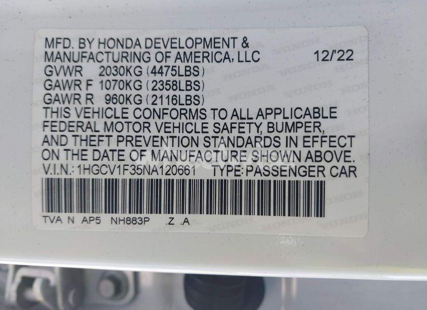 Photo 9 of 2022 Honda Accord SPORT (VIN 1HGCV1F35NA120661)