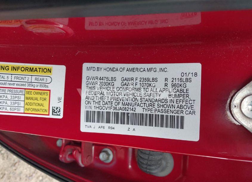 Photo 9 of 2018 Honda Accord SPORT (VIN 1HGCV1F36JA082142)