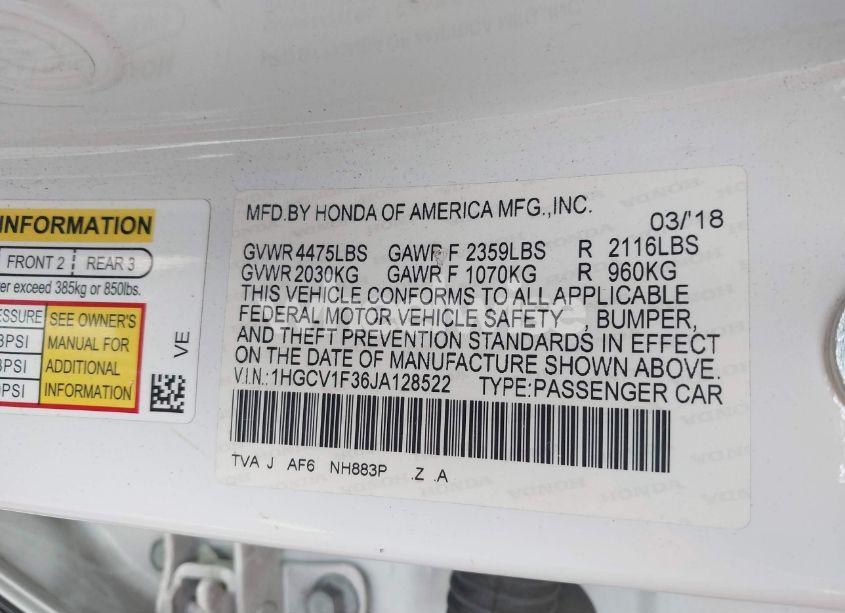 Photo 9 of 2018 Honda Accord SPORT (VIN 1HGCV1F36JA128522)