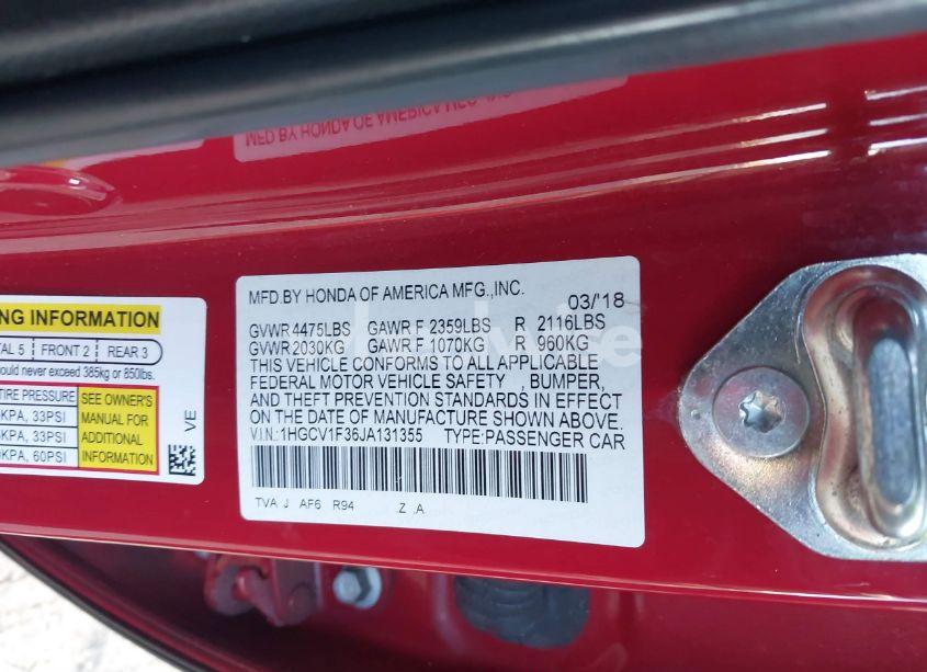 Photo 9 of 2018 Honda Accord SPORT (VIN 1HGCV1F36JA131355)