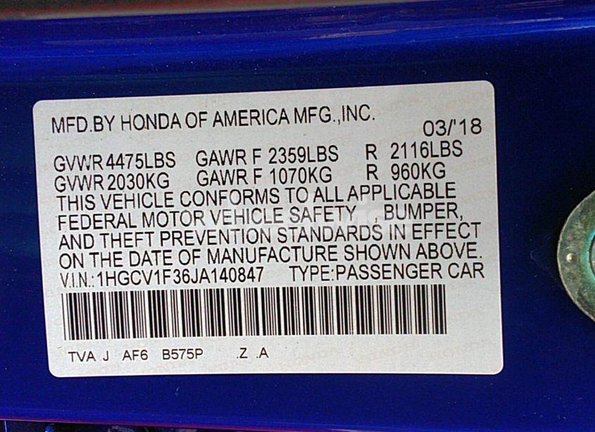 Photo 9 of 2018 Honda Accord SPORT (VIN 1HGCV1F36JA140847)