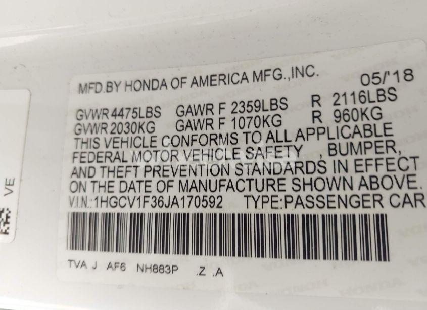 Photo 9 of 2018 Honda Accord SPORT (VIN 1HGCV1F36JA170592)