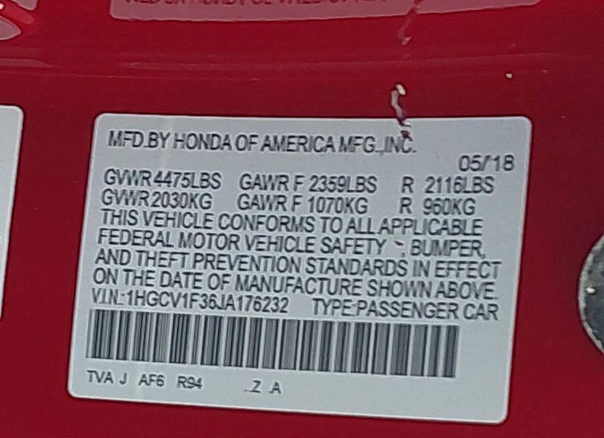 Photo 9 of 2018 Honda Accord SPORT (VIN 1HGCV1F36JA176232)