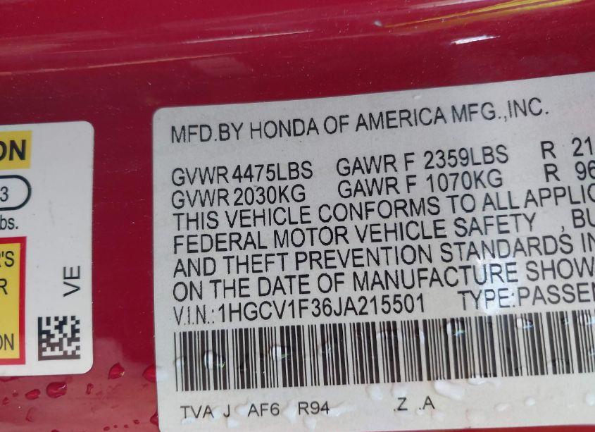 Photo 9 of 2018 Honda Accord SPORT (VIN 1HGCV1F36JA215501)