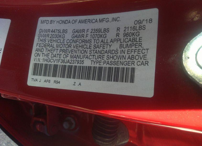 Photo 9 of 2018 Honda Accord SPORT (VIN 1HGCV1F36JA237935)