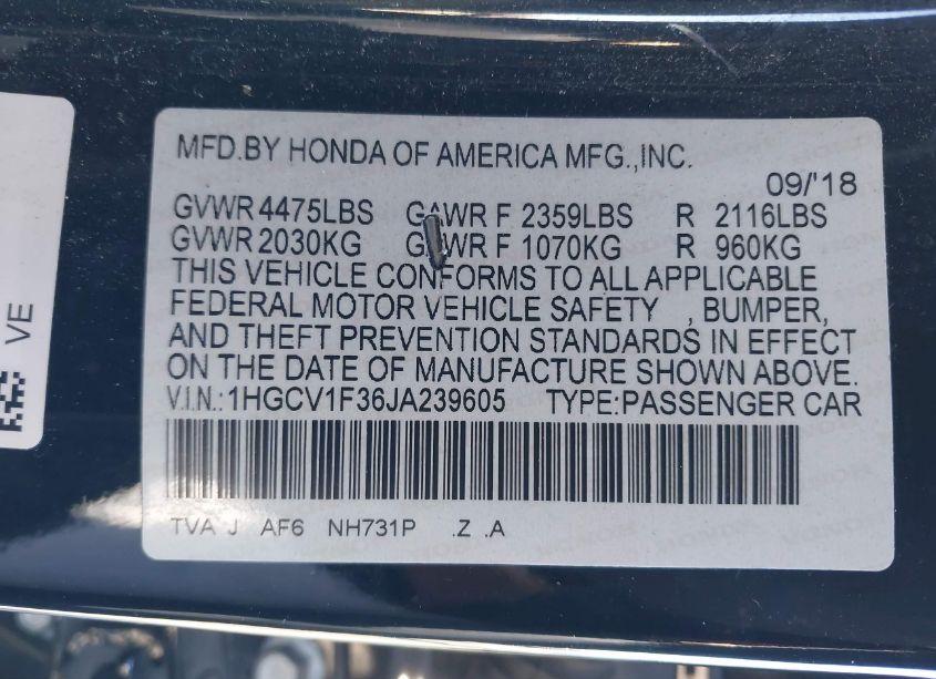 Photo 9 of 2018 Honda Accord SPORT (VIN 1HGCV1F36JA239605)