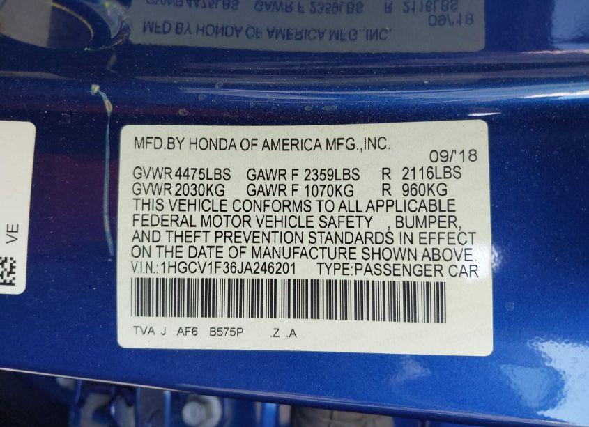 Photo 9 of 2018 Honda Accord SPORT (VIN 1HGCV1F36JA246201)