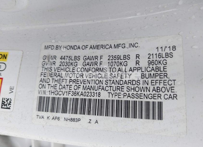 Photo 9 of 2019 Honda Accord SPORT (VIN 1HGCV1F36KA023318)