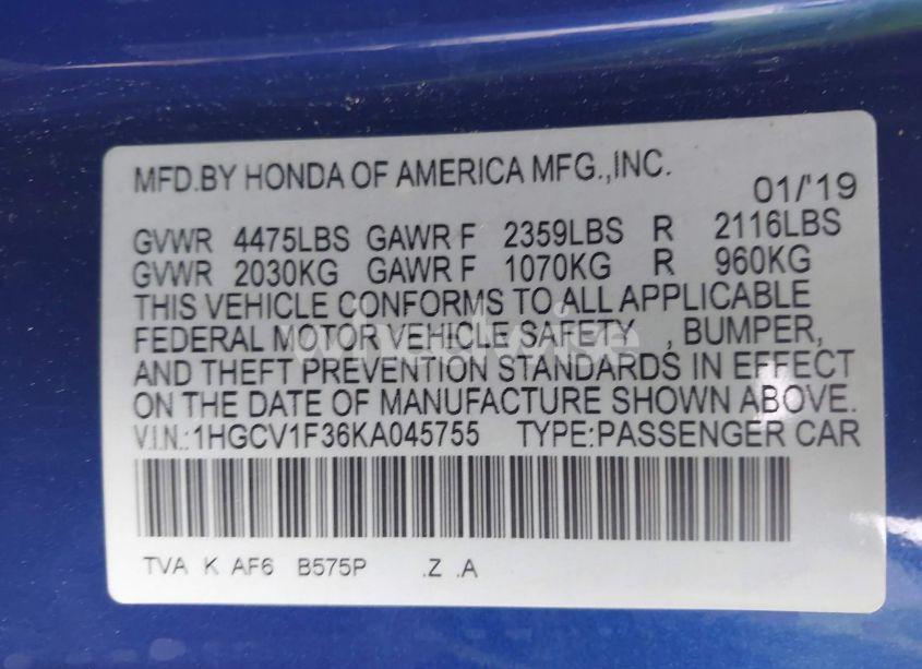 Photo 9 of 2019 Honda Accord SPORT (VIN 1HGCV1F36KA045755)