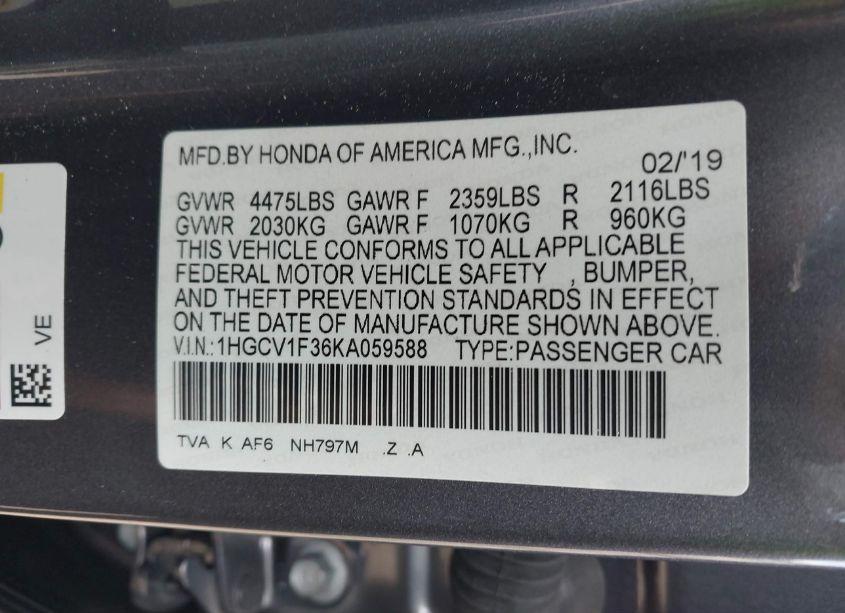 Photo 9 of 2019 Honda Accord SPORT (VIN 1HGCV1F36KA059588)