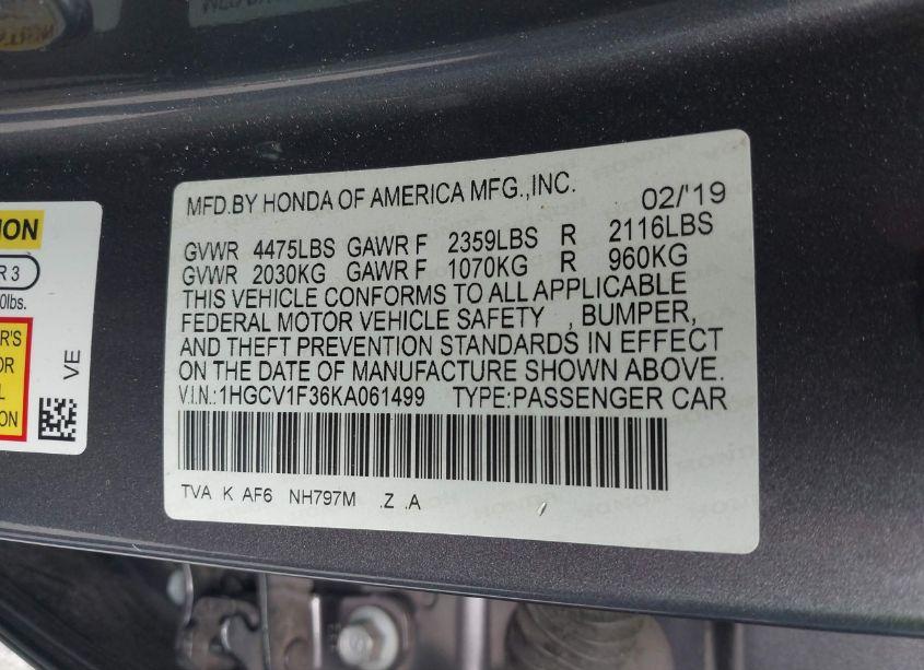 Photo 9 of 2019 Honda Accord SPORT (VIN 1HGCV1F36KA061499)