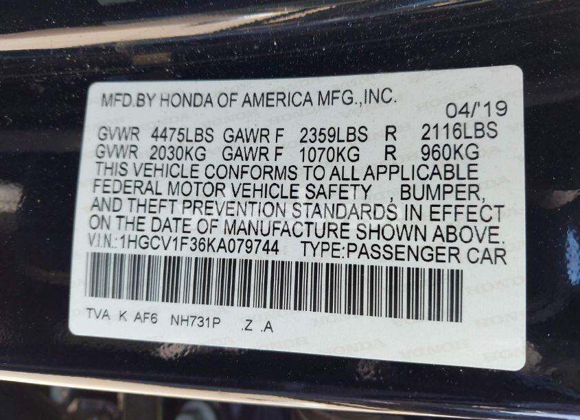 Photo 9 of 2019 Honda Accord SPORT (VIN 1HGCV1F36KA079744)