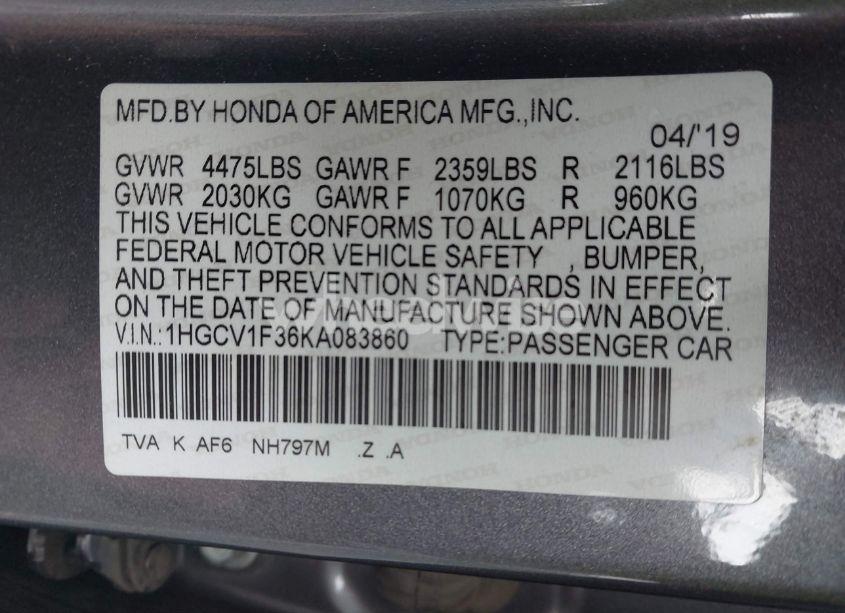 Photo 9 of 2019 Honda Accord SPORT (VIN 1HGCV1F36KA083860)