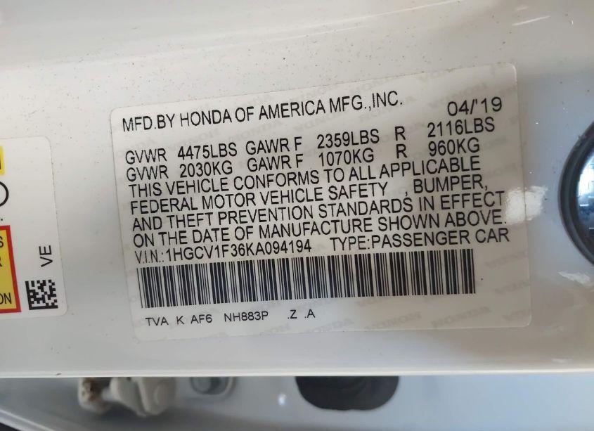 Photo 9 of 2019 Honda Accord SPORT (VIN 1HGCV1F36KA094194)