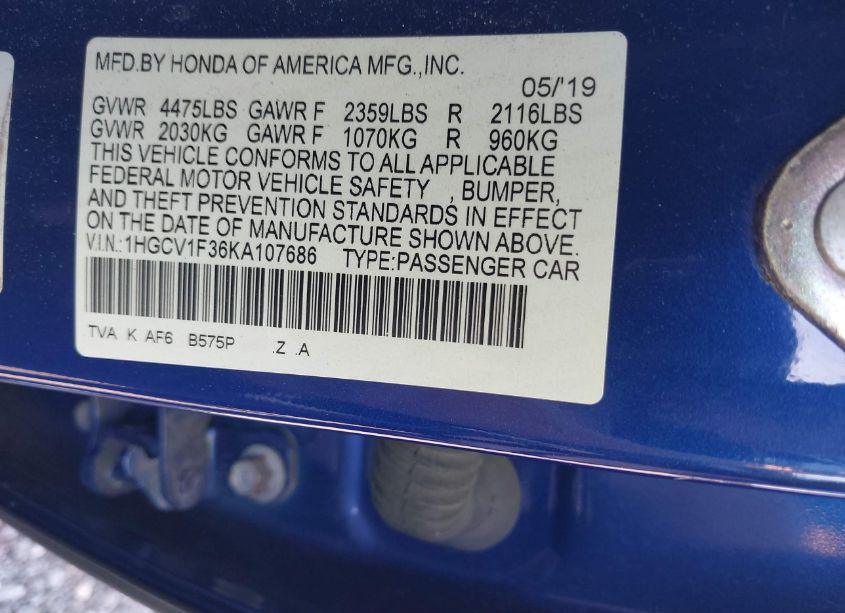 Photo 9 of 2019 Honda Accord SPORT (VIN 1HGCV1F36KA107686)