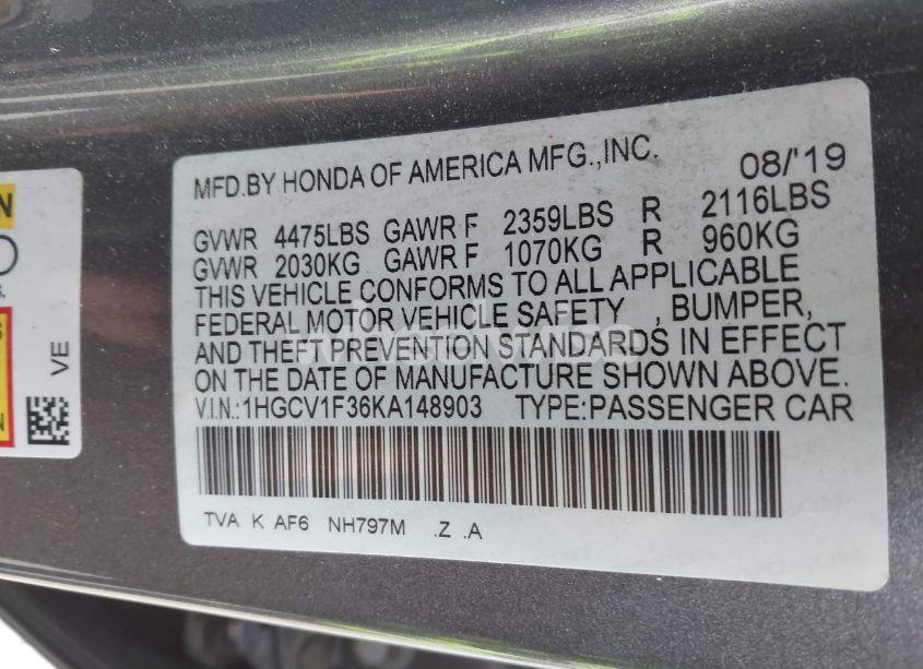 Photo 9 of 2019 Honda Accord SPORT (VIN 1HGCV1F36KA148903)