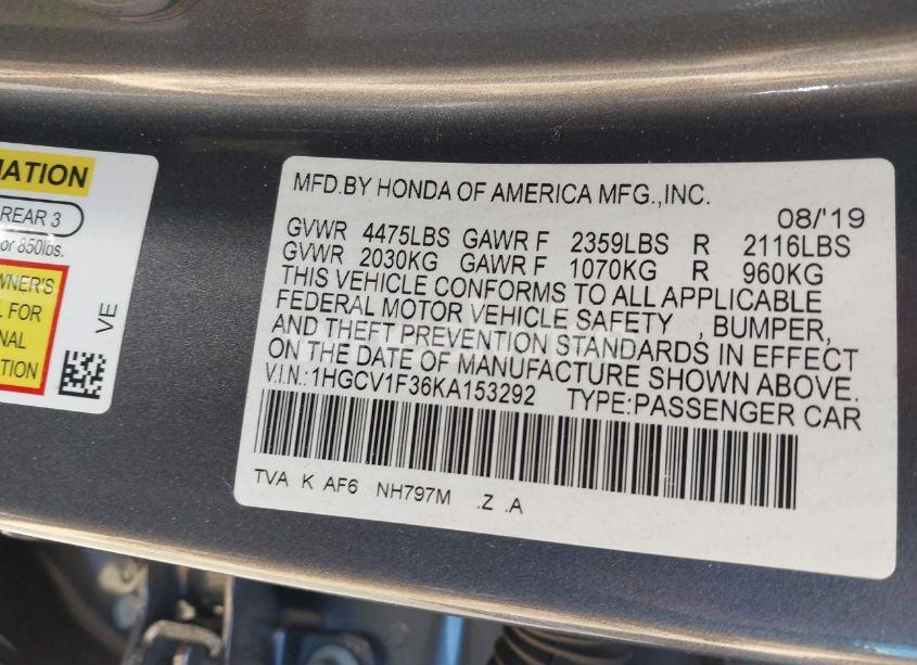 Photo 9 of 2019 Honda Accord SPORT (VIN 1HGCV1F36KA153292)