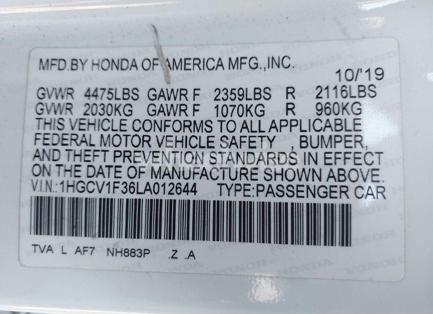 Photo 9 of 2020 Honda Accord SPORT (VIN 1HGCV1F36LA012644)