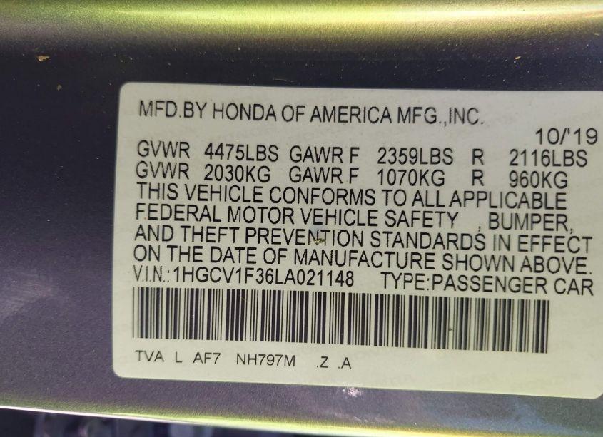 Photo 9 of 2020 Honda Accord SPORT (VIN 1HGCV1F36LA021148)