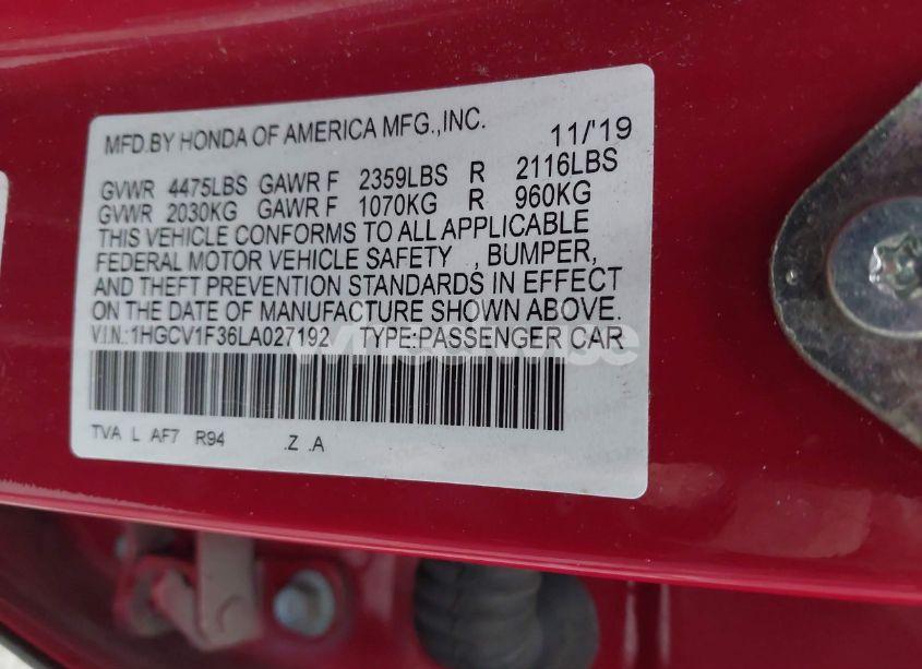 Photo 9 of 2020 Honda Accord SPORT (VIN 1HGCV1F36LA027192)