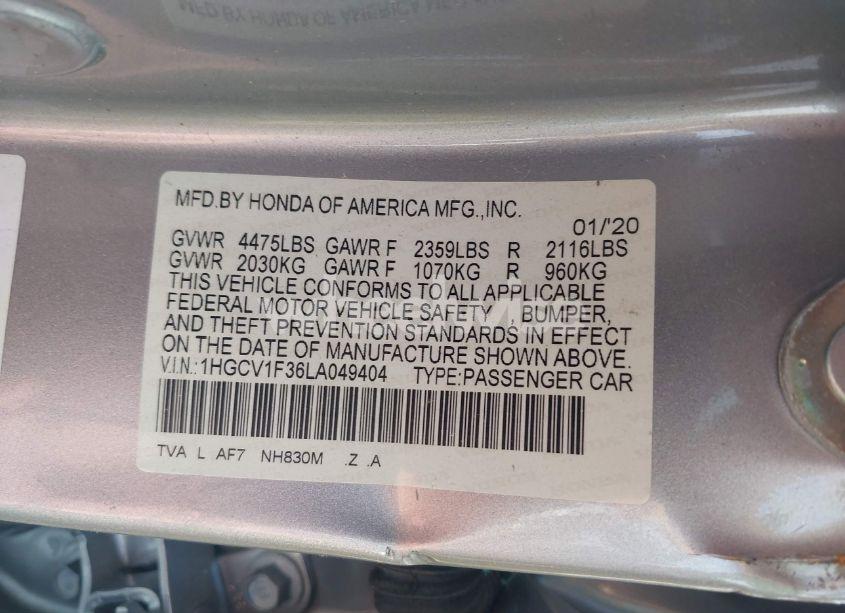 Photo 9 of 2020 Honda Accord SPORT (VIN 1HGCV1F36LA049404)