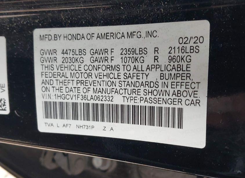 Photo 9 of 2020 Honda Accord SPORT (VIN 1HGCV1F36LA062332)