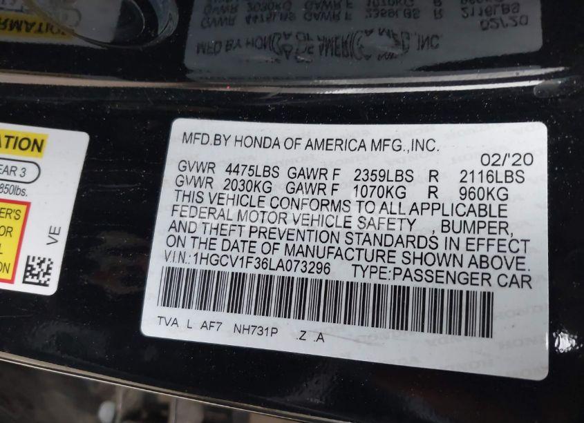 Photo 9 of 2020 Honda Accord SPORT (VIN 1HGCV1F36LA073296)