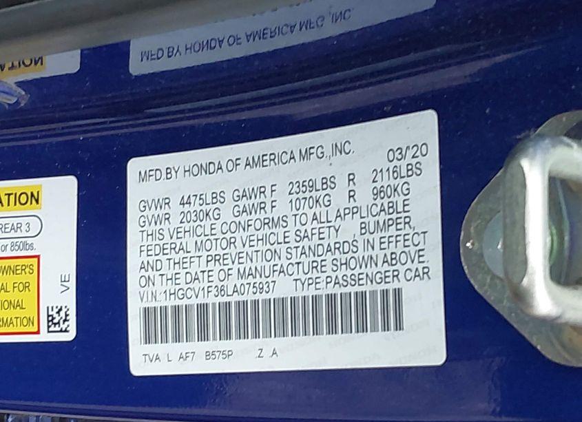 Photo 9 of 2020 Honda Accord SPORT (VIN 1HGCV1F36LA075937)